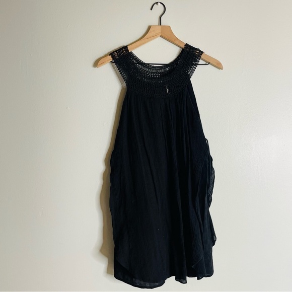 Free People Black Crochet Round Cleopatra Neck Tunic Mini Dress Coverup - Picture 1 of 12